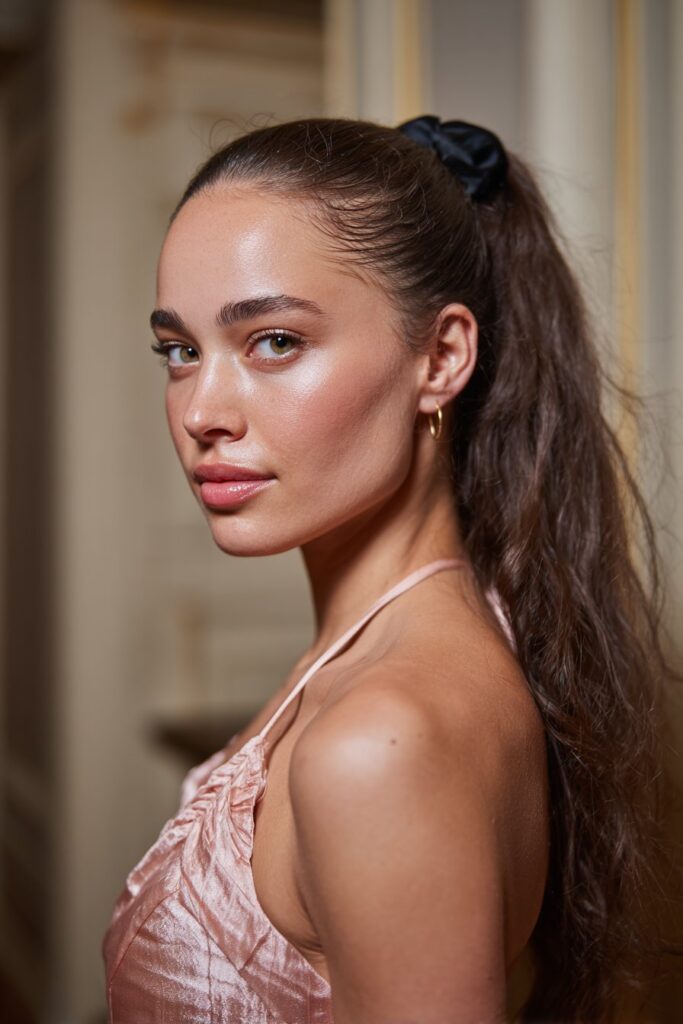 Textured ponytail prom hair straight with ribbon