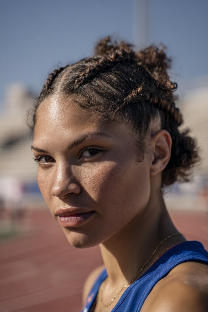 Hairstyle for track meets tight Dutch braid pigtails