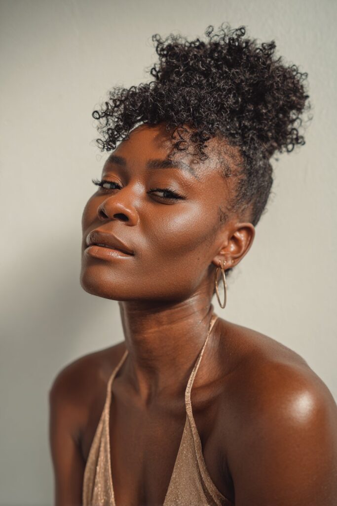 Prom updo hairstyle black hair top knot updo