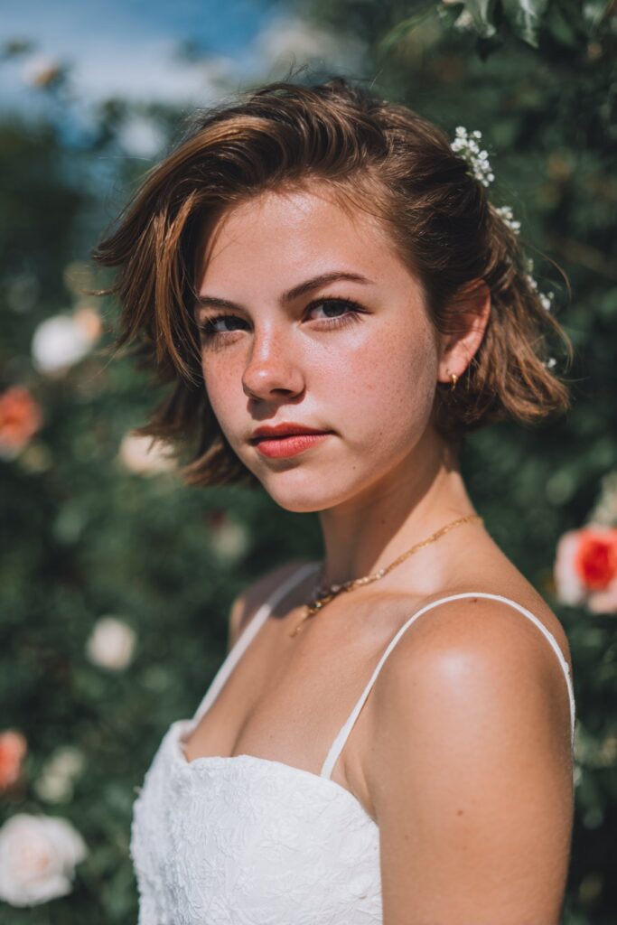 Prom hair idea for short hair tousled low updo with floral accents
