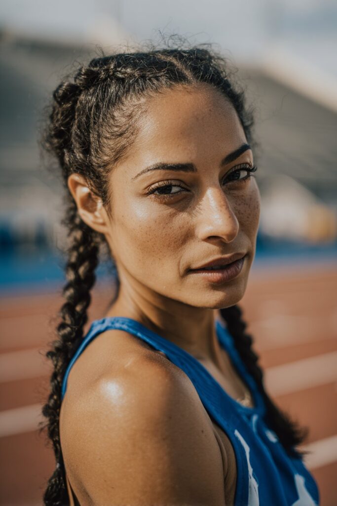Hairstyle for track meets two French braids