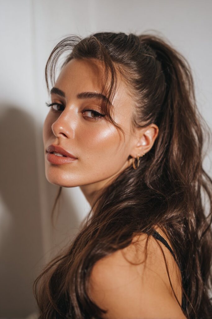 Prom hairstyle side part with voluminous side swept blowout