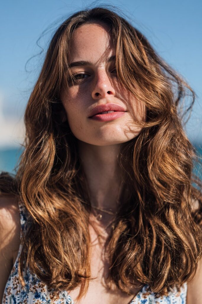 Warm beachy sunkissed brunette hair with natural highlights