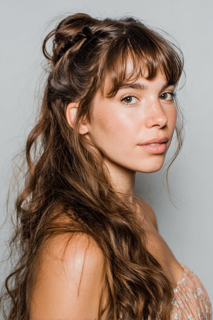 Waterfall braid half up half down hairstyle with wavy hair