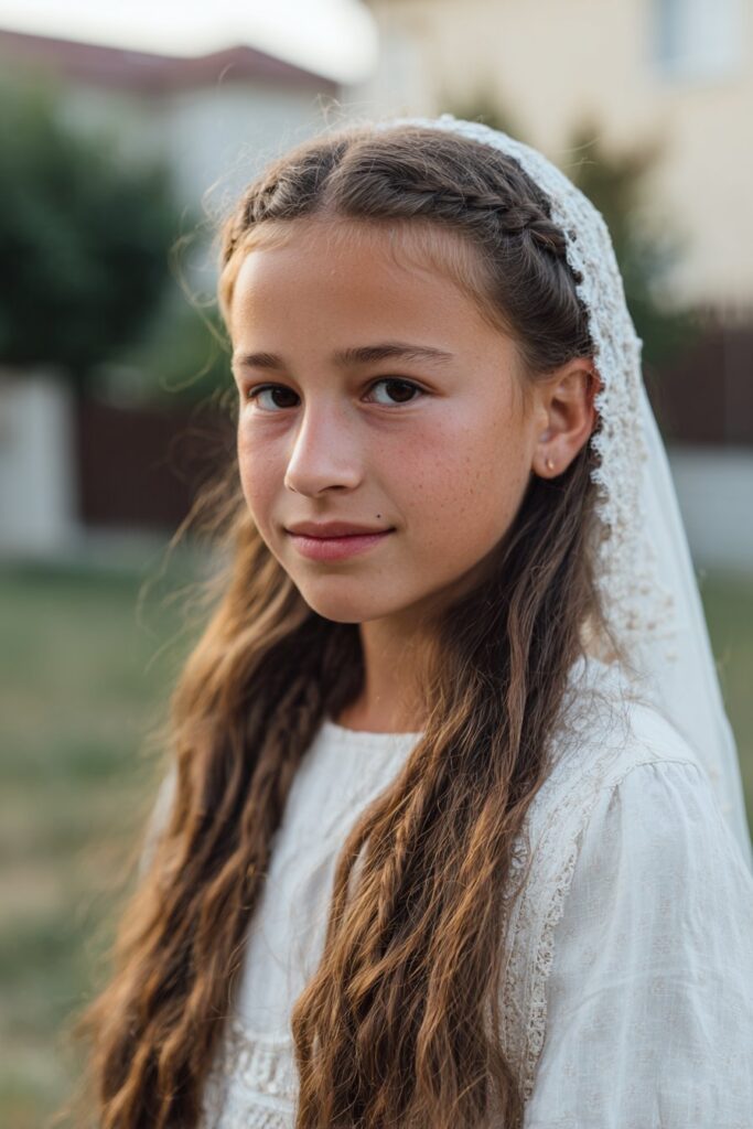 First communion hairstyle with veil waterfall braid