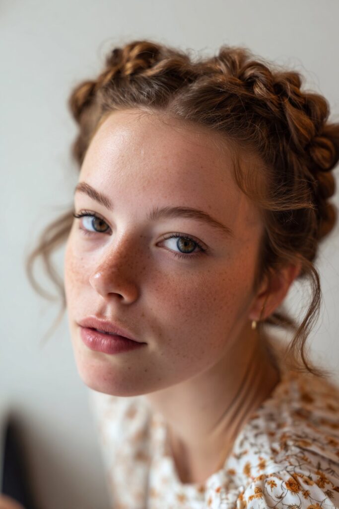 Whimsical crown braid half up hairstyle with loose waves