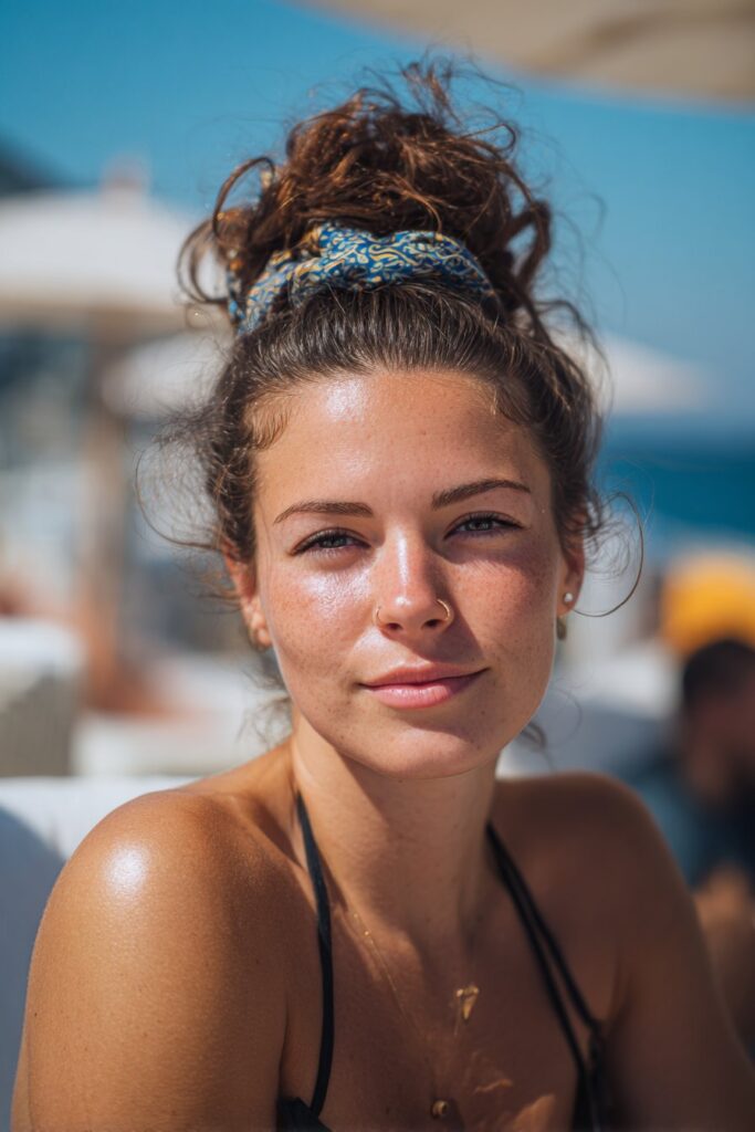 Wrapped scarf updo tanning hairstyle for sun protection