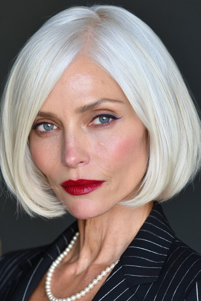 Side part bob for women over 50 chin length bob
