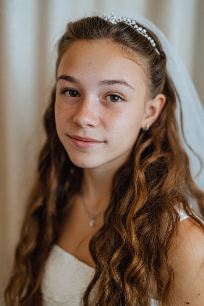 First communion hairstyle with veil cascading curls tiara