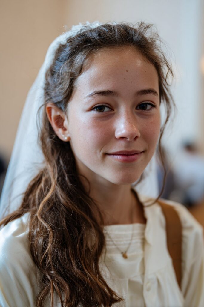 First communion hairstyle with veil half up half down