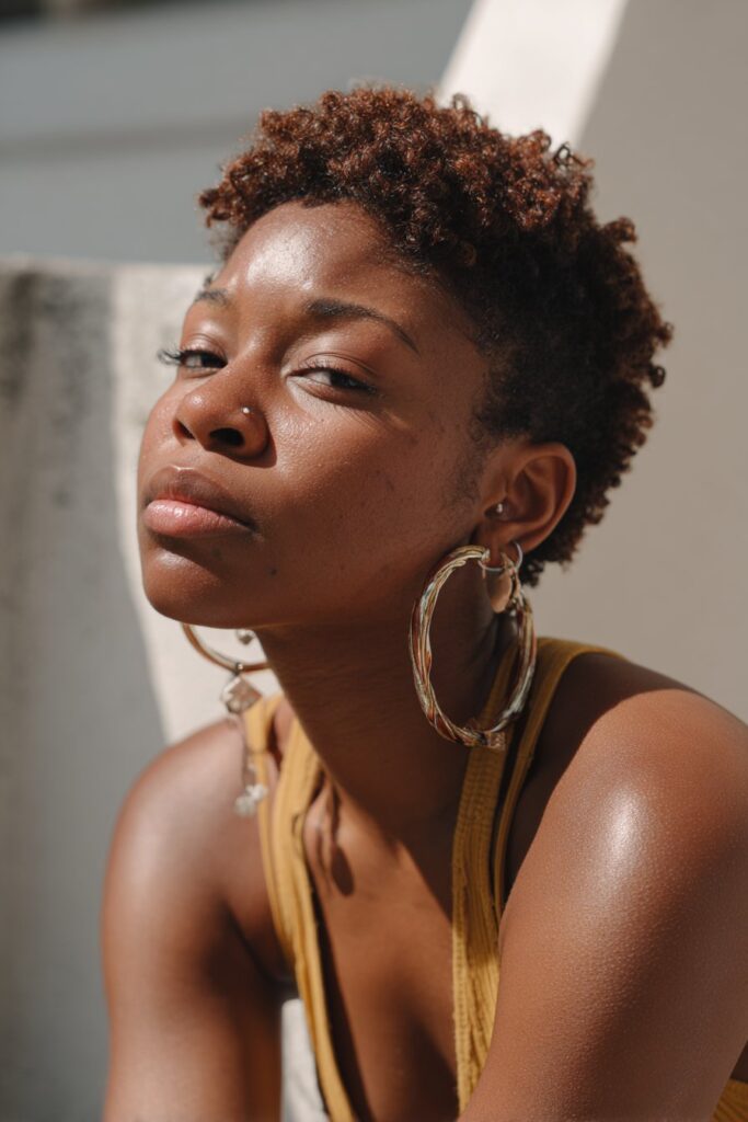 Low maintenance short natural haircut for black female cropped curls