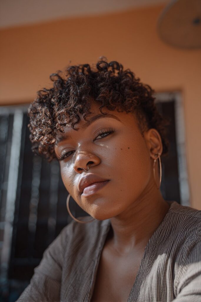 Low maintenance short natural haircut for black female curly fringe