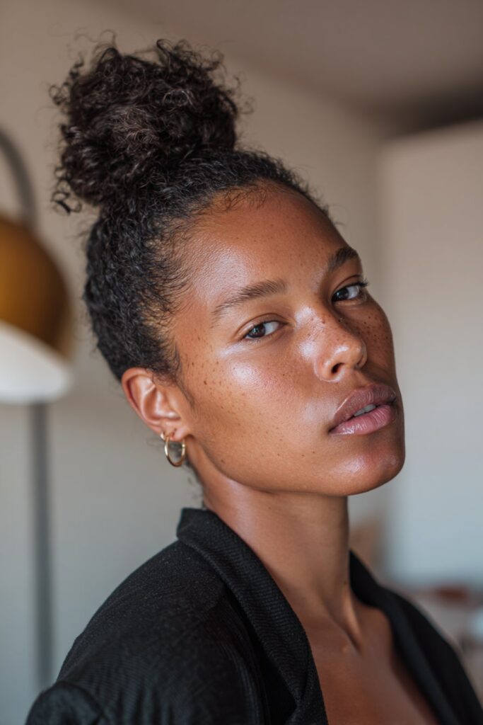Natural updo hairstyles black women low bun texture