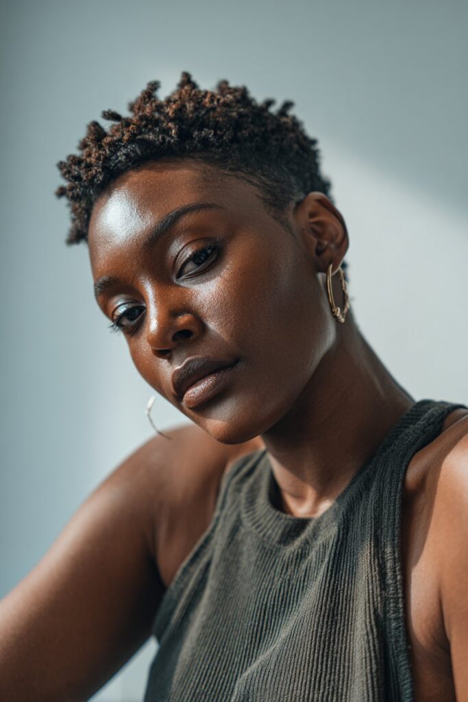 Low maintenance short natural haircut for black female finger coiled pixie
