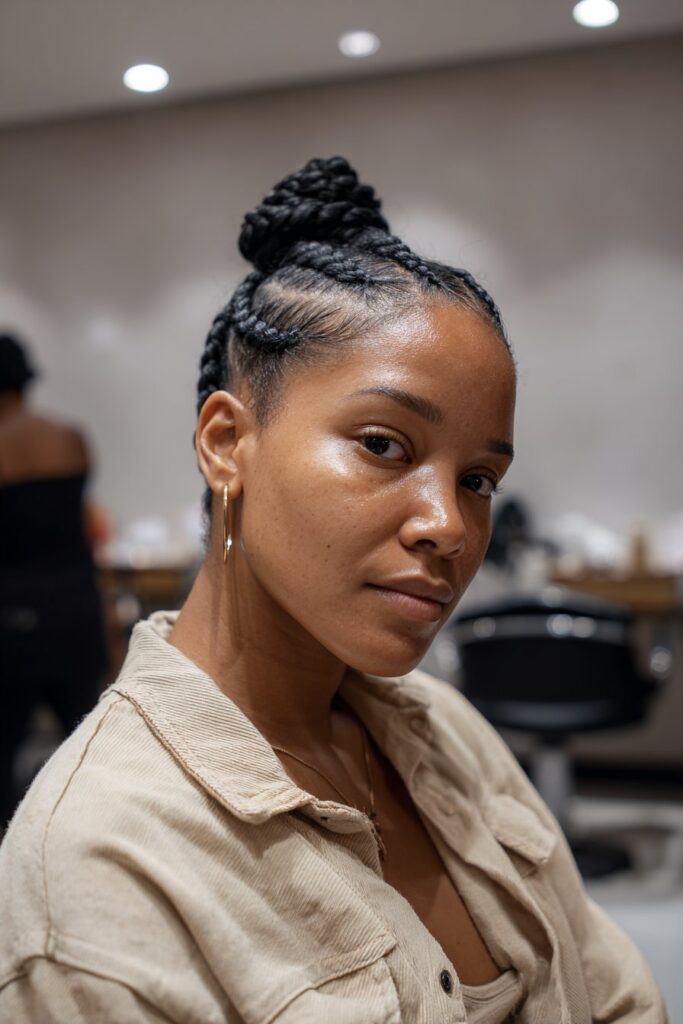 Half braided hairstyle natural hair half braided bun