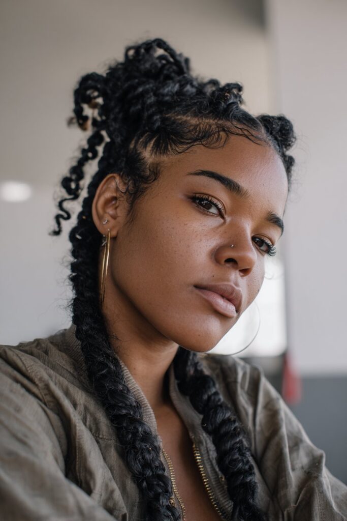 Half braided hairstyle natural hair cornrow and box braids