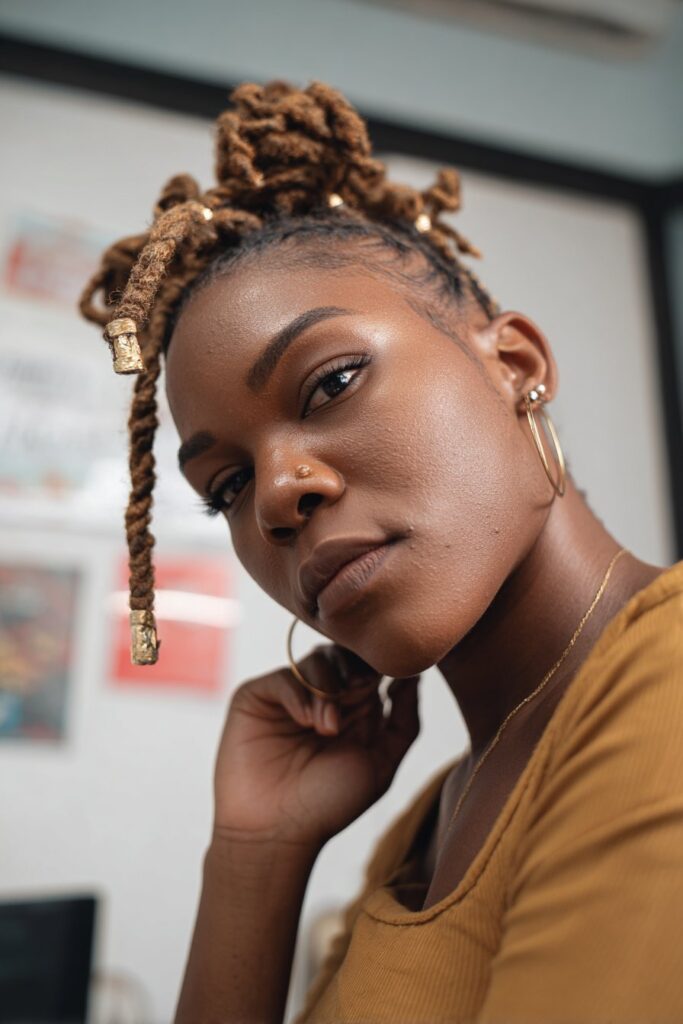 Half braided hairstyle natural hair half up beads
