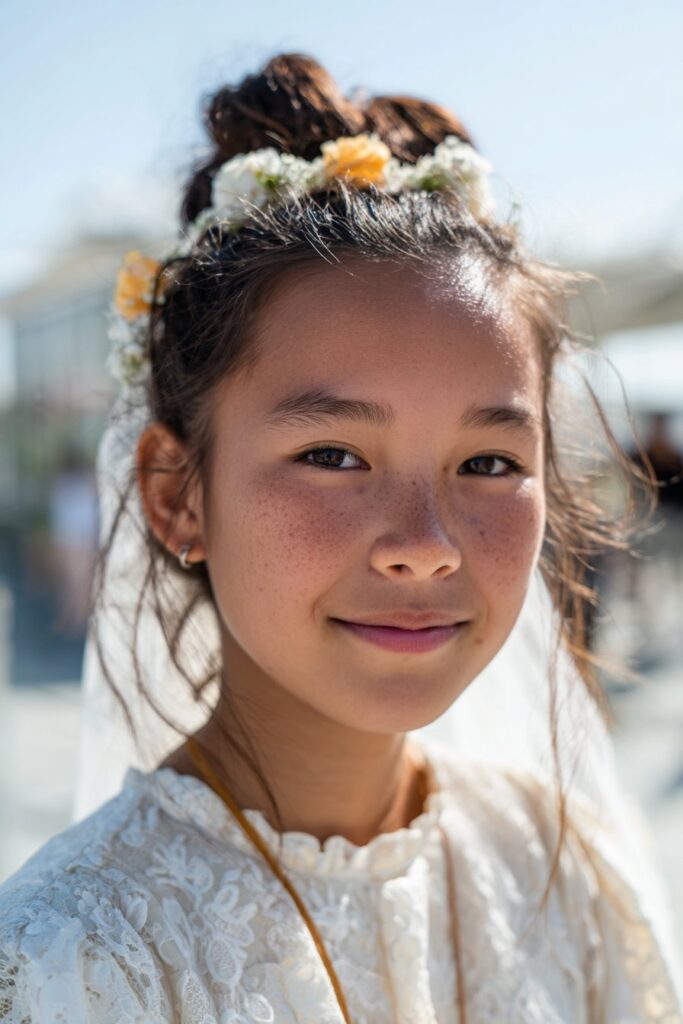 First communion hairstyle with veil high bun flowers