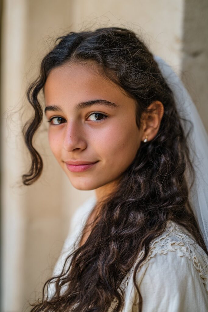 First communion hairstyle with veil loose curls