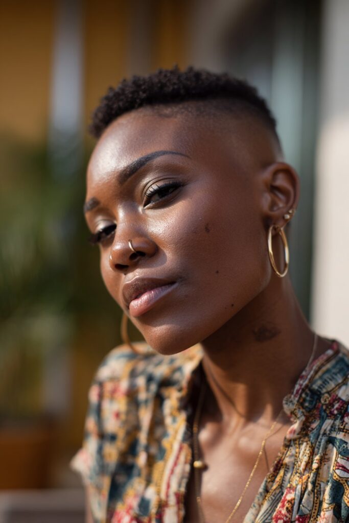Low maintenance short natural haircut for black female shaved sides volume
