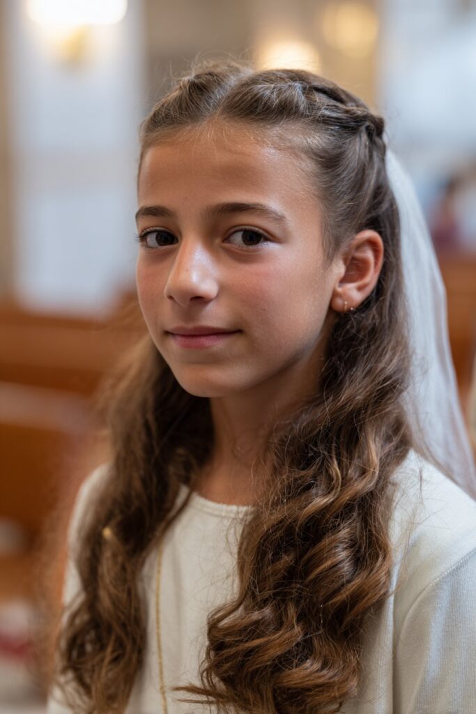 First communion hairstyle with veil side swept curls