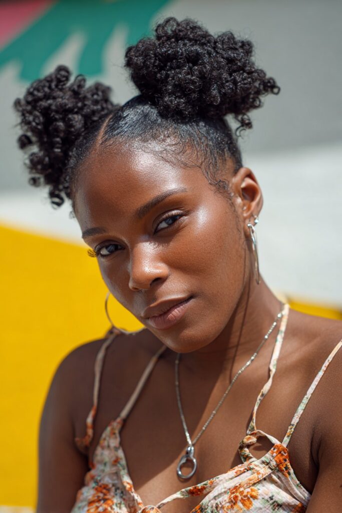 Natural updo hairstyles black women space buns curls