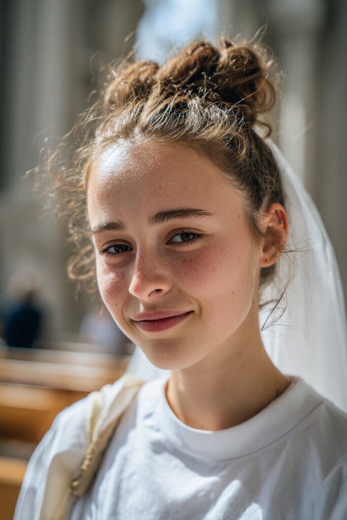First communion hairstyle with veil top knot