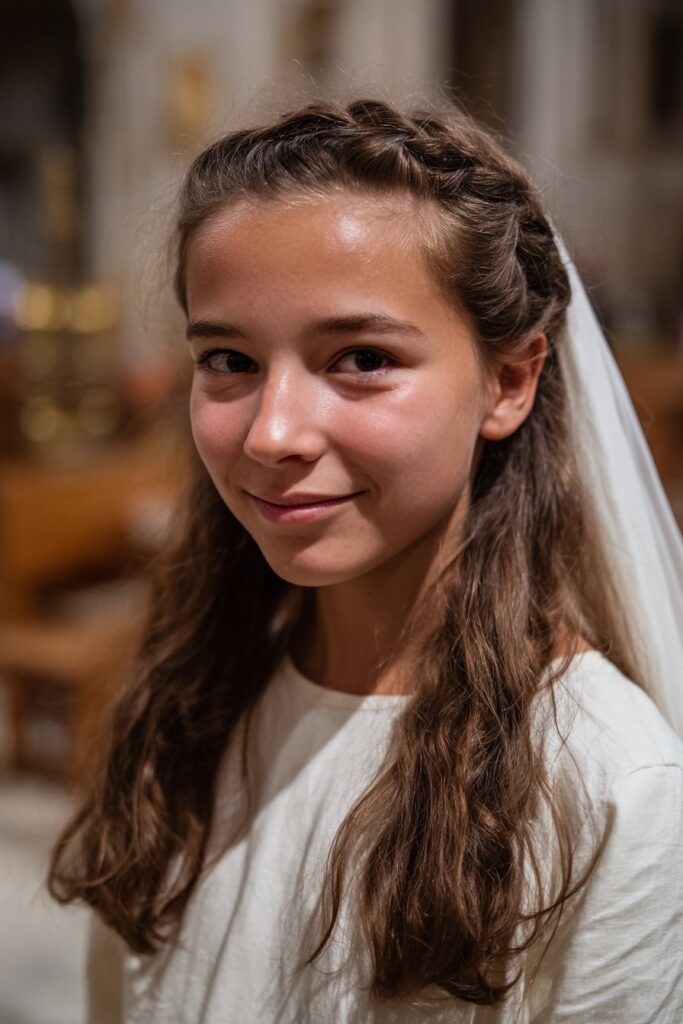 First communion hairstyle with veil twisted half updo