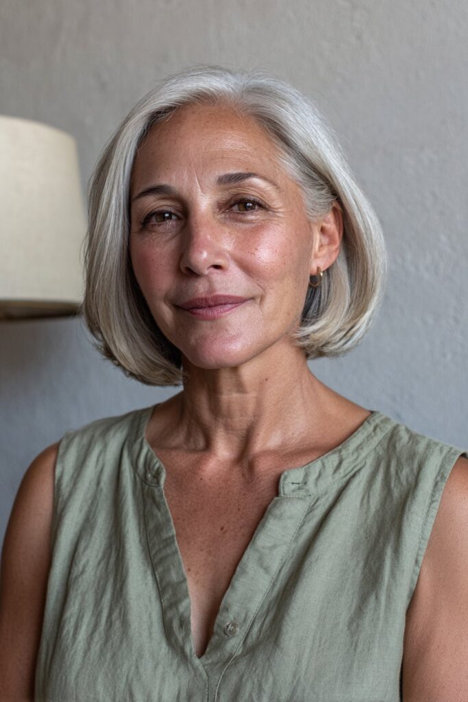 Woman over 50 with thin hair showing an elegant A-line bob for a fuller look.