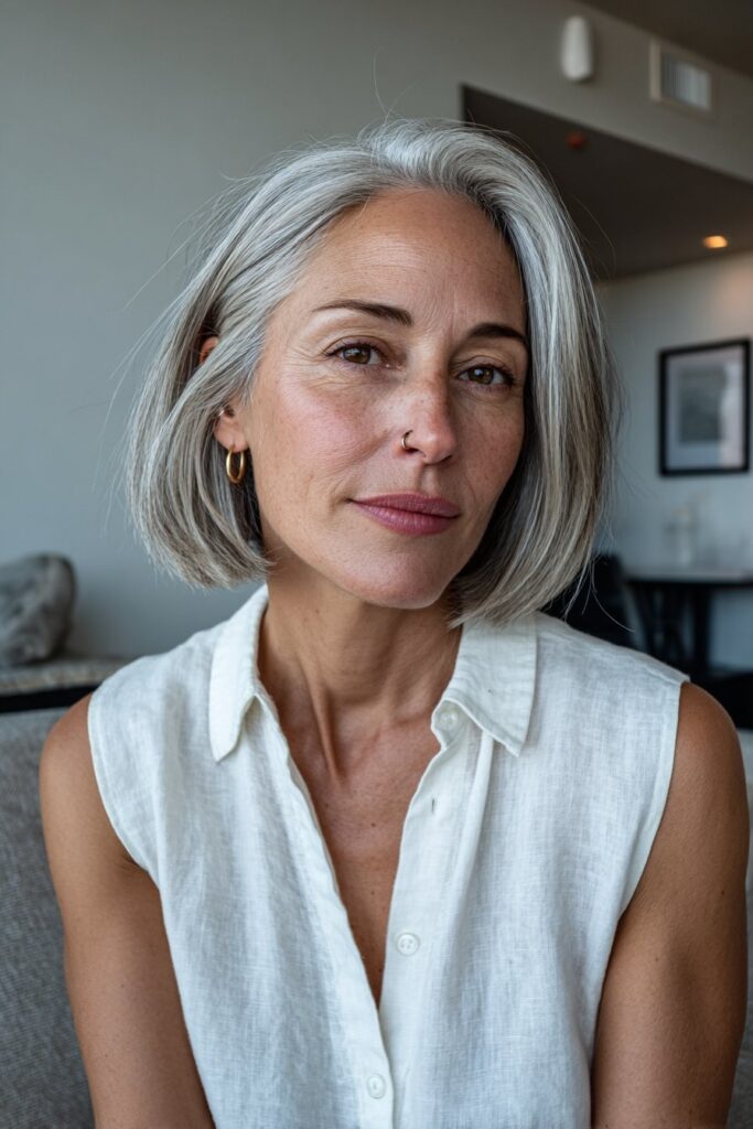Elegant A-line bob hairstyle for mature women over 50, realistic portrait.