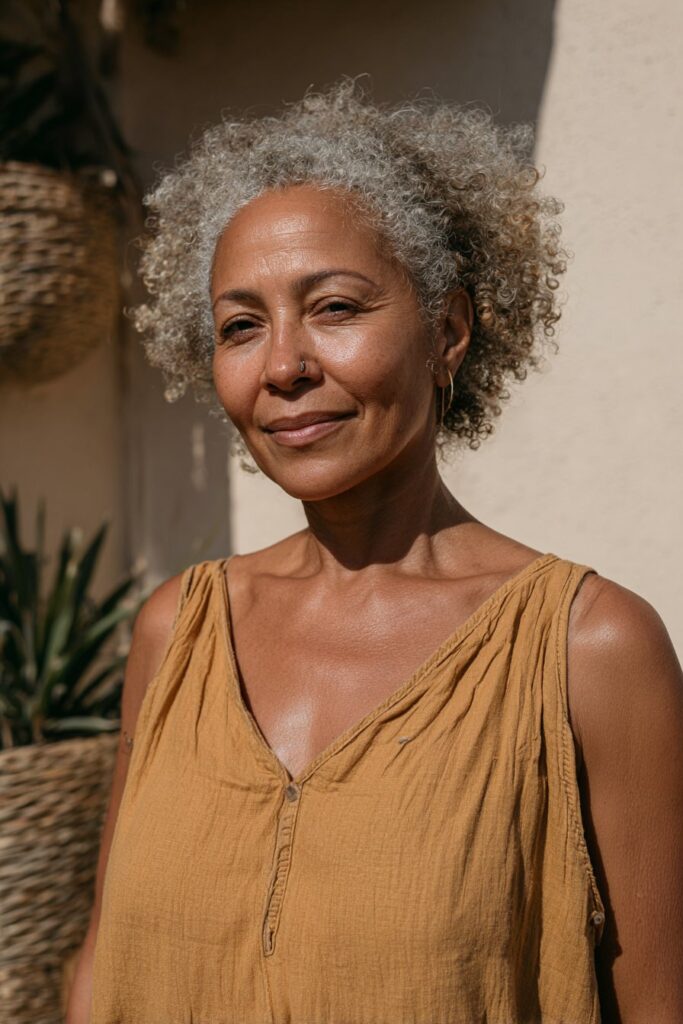Older woman with natural afro hairstyle.