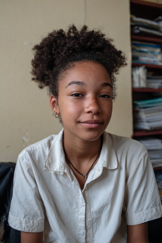 Afro puff back to school hairstyle with natural textured volume