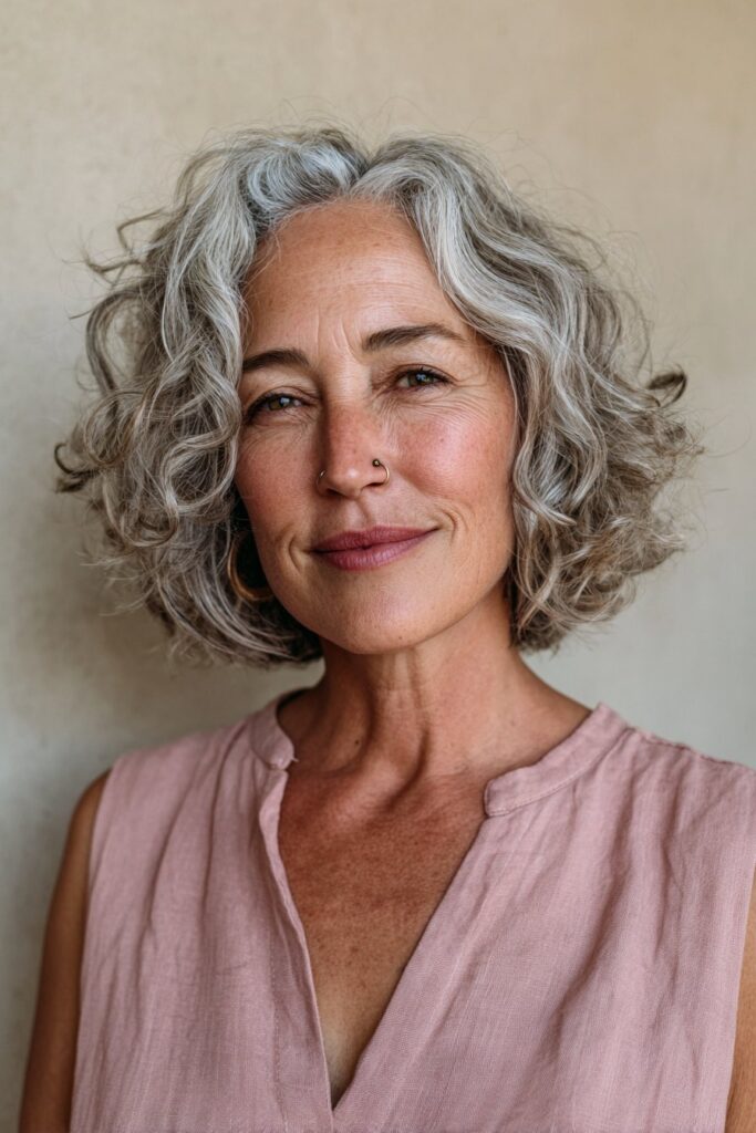 Older woman with asymmetrical curly bob.