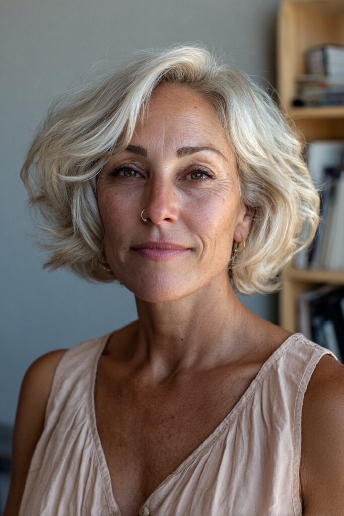 Woman over 50 with thin hair featuring a trendy bixie haircut with soft texture.