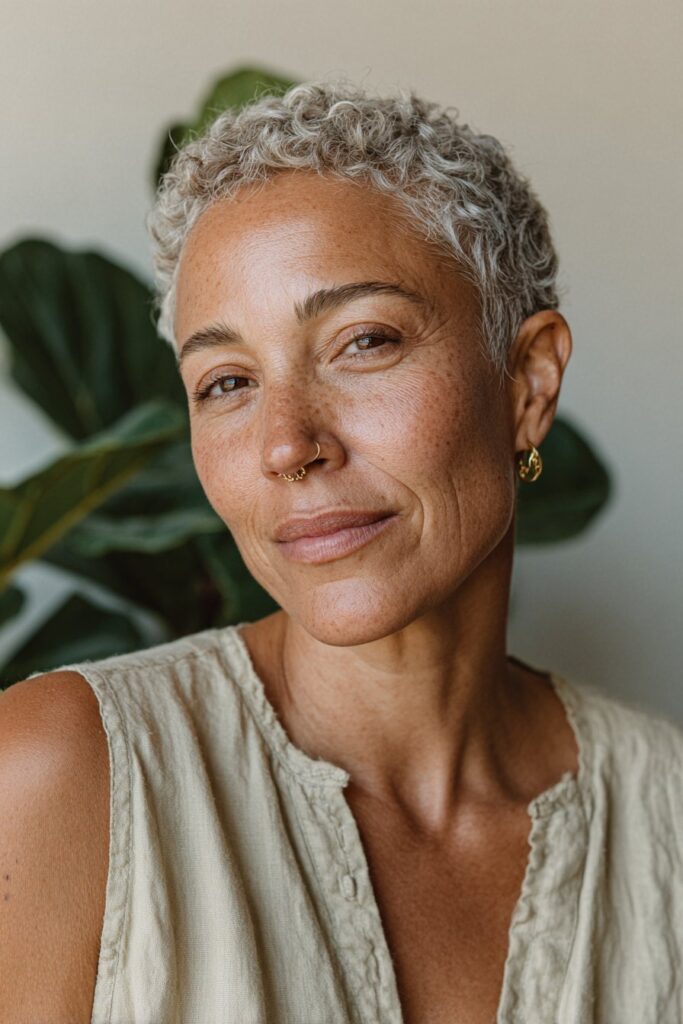 Trendy bixie haircut for fashionable women over 50, realistic portrait.