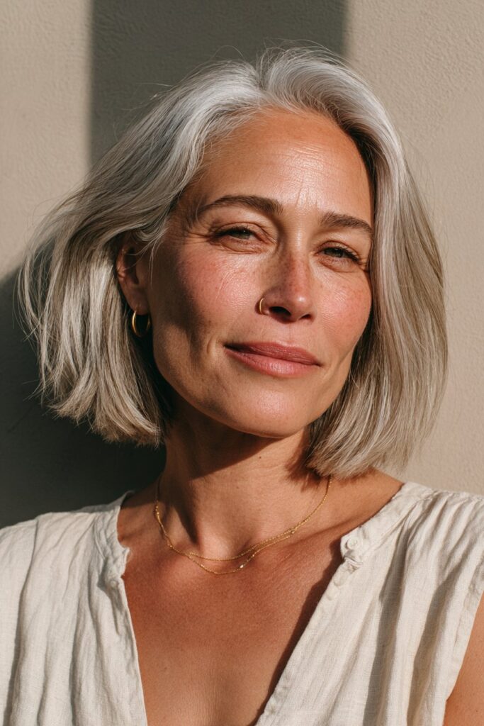 Woman over 50 with thin hair showcasing a sleek blunt bob for a fuller appearance.