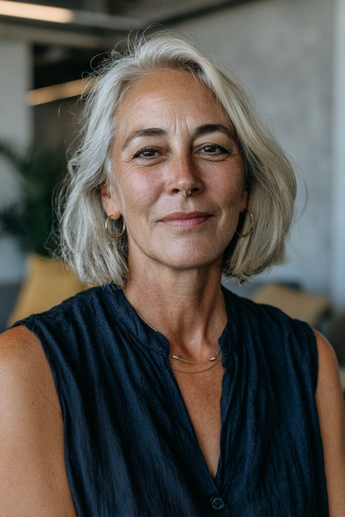 Sleek blunt bob hairstyle for mature women over 50, realistic look.