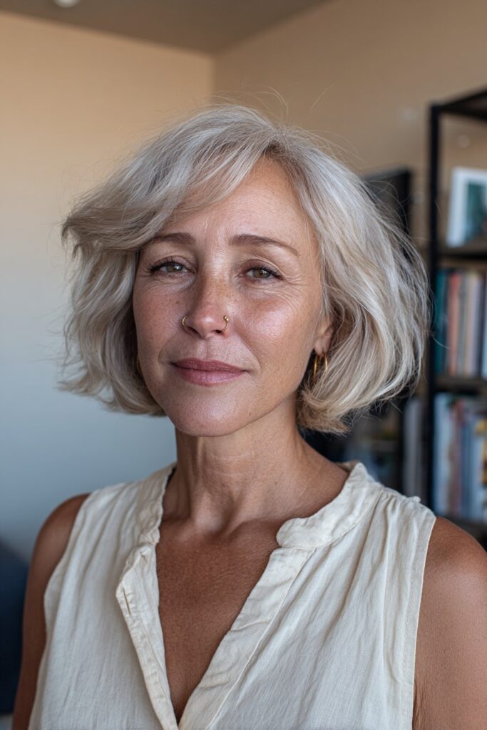 12 Choppy Hairstyles for Older Women (Effortlessly Youthful) 2 Older woman wearing choppy bob haircut