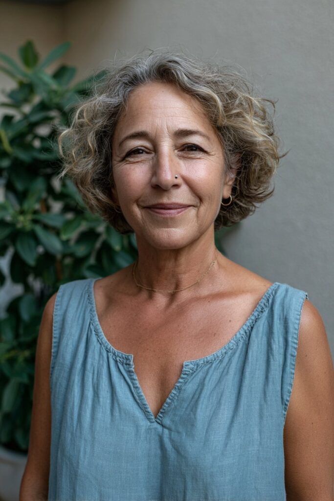 Older woman with curly bob hairstyle.