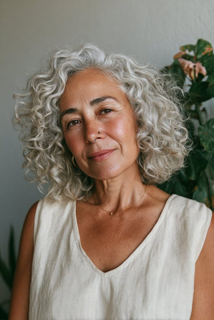 Older woman with curly lob hairstyle.
