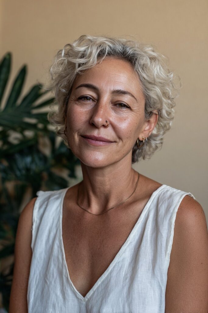 Older woman with curly pixie haircut.