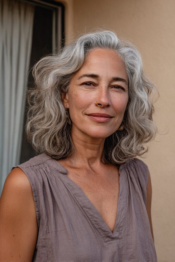 Curtain bangs with layered haircut for women over 50, realistic.