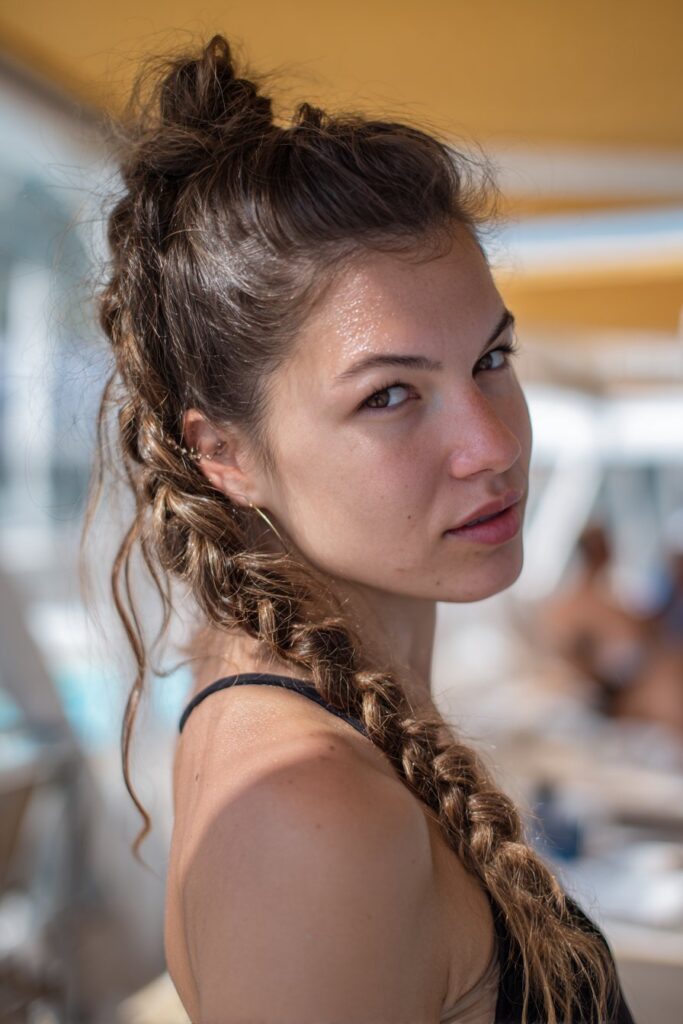 Pool party hairstyles Dutch braid messy bun