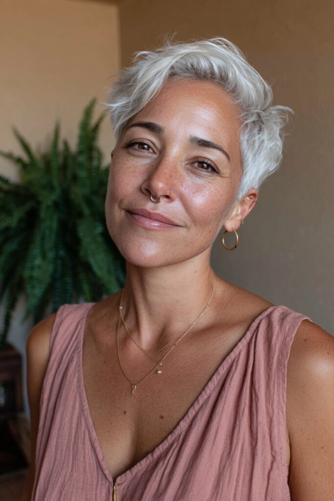 Woman over 50 with thin hair wearing a feathered pixie cut with light, airy layers.
