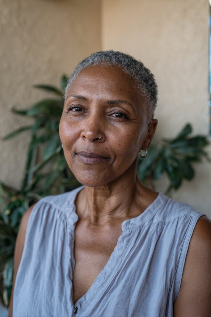 Fohawk haircut for Black women over 50 with textured height and tapered sides