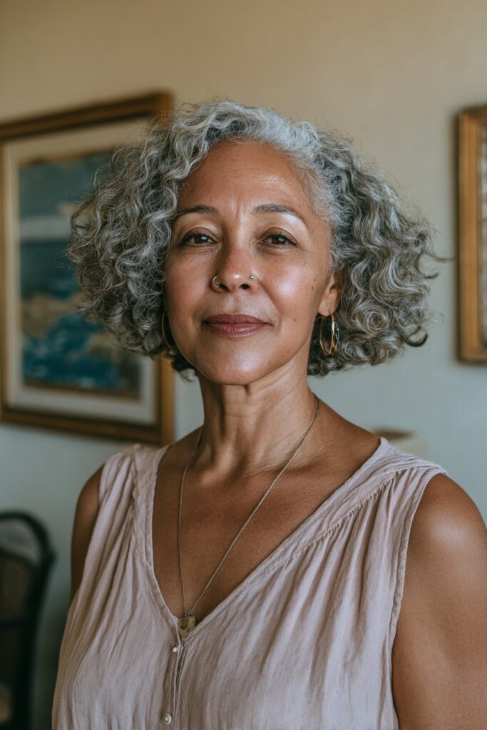 Older woman with French bob curls.
