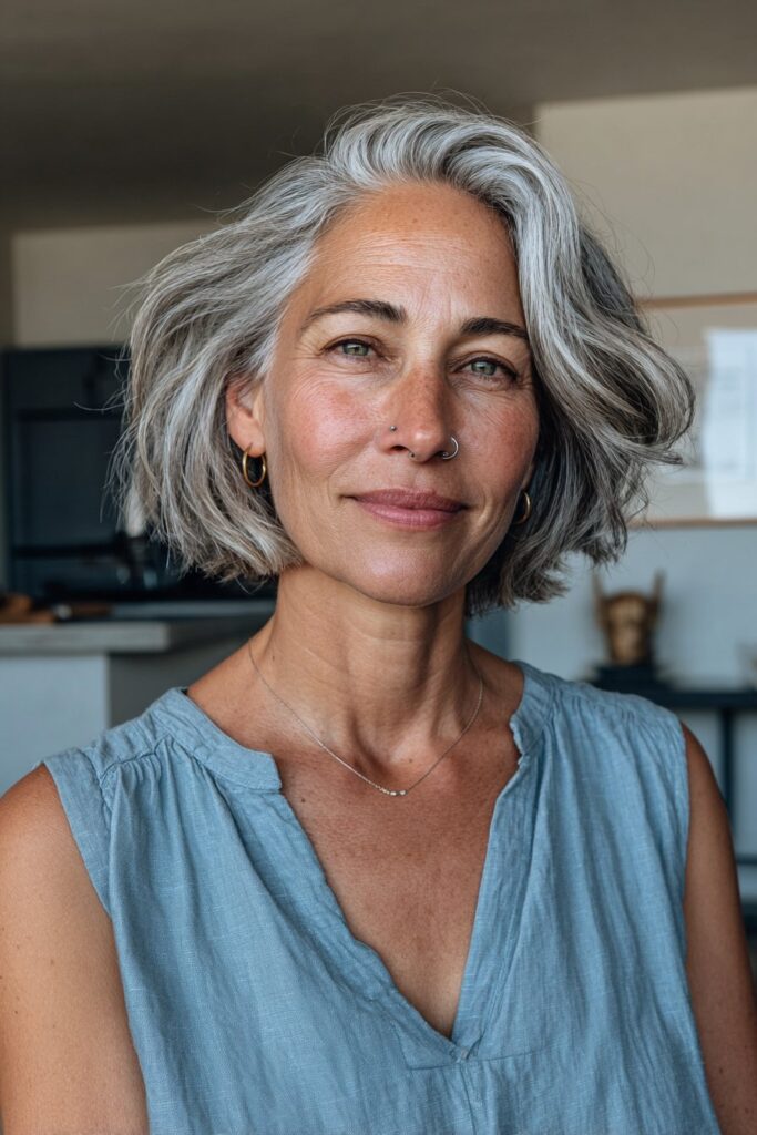 Woman over 50 with thin hair sporting a graduated bob with stacked volume at the back.