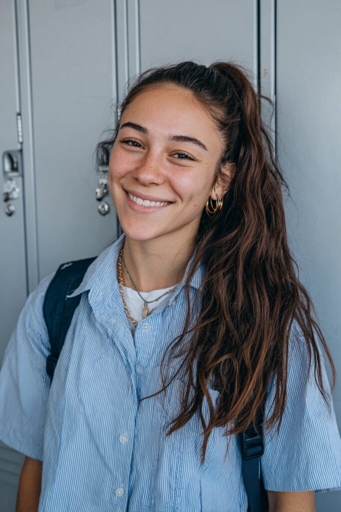 High ponytail for thick hair with smooth volume and a polished school-ready look