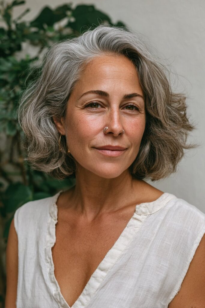 Woman over 50 with thin hair wearing a layered bob for natural volume and dimension.