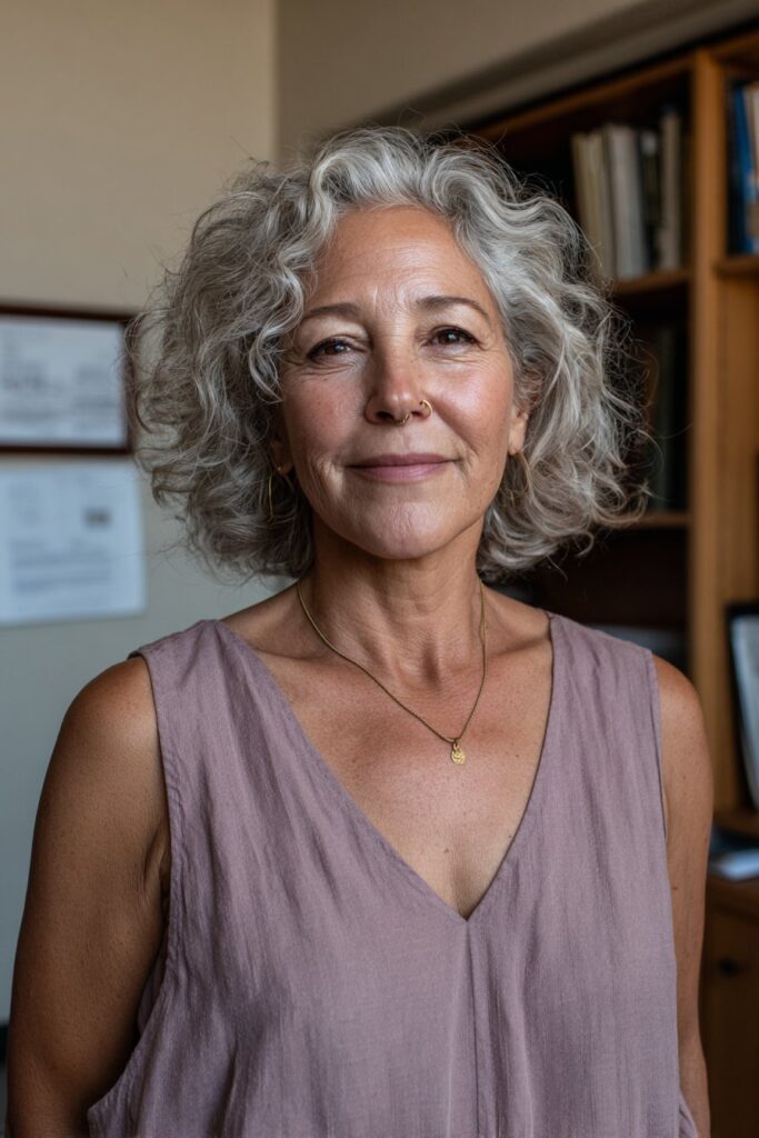 Older woman with layered curly hairstyle.